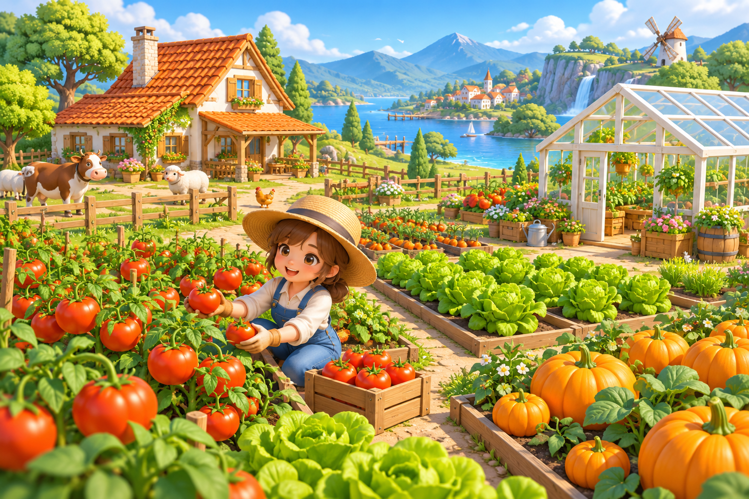 色鮮やかな野菜畑と温室が広がる、明るい3Dの農場イメージ